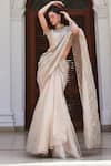 Buy_Label Sanya Gulati_Ivory Silk, Tissue Sequins, Mirrors, Cut Work Gold Pre-draped Saree Set _at_Aza_Fashions
