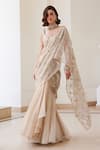 Shop_Label Sanya Gulati_Ivory Silk, Tissue Sequins, Mirrors, Cut Work Gold Pre-draped Saree Set _Online_at_Aza_Fashions