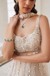 Label Sanya Gulati_Ivory Silk, Tissue Sequins, Pearls Square Neck Gold Embellished Kurta Set _Online