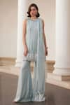 Buy_Label Sanya Gulati_Blue Georgette Mirrors, Zari Round Neck Powder Embellished Kurta Set _at_Aza_Fashions