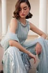 Label Sanya Gulati_Blue Georgette Mirrors, Zari Round Neck Powder Embellished Kurta Set _Online_at_Aza_Fashions