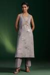 Buy_Two Sisters By Gyans_Gray Embroidery, Beads Round Neck, Grey Kurta Set With Jacket _at_Aza_Fashions