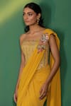 Shop_Two Sisters By Gyans_Yellow Lycra Sequins, Embroidery Square Neck Pre-draped Saree With Blouse _Online_at_Aza_Fashions