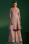 Shop_Two Sisters By Gyans_Pink Silk Sequins, Embroidery V-neck Kurta Set _Online_at_Aza_Fashions