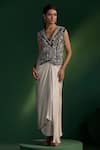 Two Sisters By Gyans_Navy Silk, Satin Embroidery V-neck Blue Dhoti Skirt And Jacket Set _Online_at_Aza_Fashions