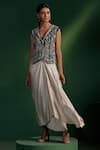 Buy_Two Sisters By Gyans_Navy Silk, Satin Embroidery V-neck Blue Dhoti Skirt And Jacket Set _Online_at_Aza_Fashions