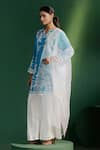 Two Sisters By Gyans_Blue Silk, Satin, Organza Embroidery Split V-neck Kurta Set _Online_at_Aza_Fashions