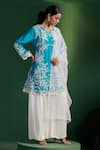 Buy_Two Sisters By Gyans_Blue Silk, Satin, Organza Embroidery Split V-neck Kurta Set _Online_at_Aza_Fashions