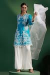 Shop_Two Sisters By Gyans_Blue Silk, Satin, Organza Embroidery Split V-neck Kurta Set _Online_at_Aza_Fashions