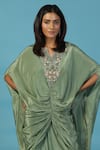 Buy_Two Sisters By Gyans_Green Crepe Beads, Embroidery V-neck Designer Kaftan Set _Online_at_Aza_Fashions