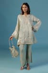 Buy_Two Sisters By Gyans_Green Tissue Embroidery V-neck Kurta Set _at_Aza_Fashions