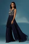 Two Sisters By Gyans_Navy Georgette Fringe, Beads, Embroidery V-neck Blue Kurta Sharara Set _Online_at_Aza_Fashions