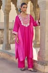Buy_Vinita Bhansali_Pink Silk, Cotton Embroidery Split V-neck Gulaabo Kaftan Set _at_Aza_Fashions