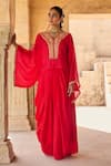 Buy_Vinita Bhansali_Red Silk Embroidery V-neck Aarna Kaftan Set _at_Aza_Fashions
