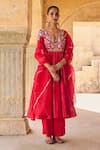 Buy_Vinita Bhansali_Red , Organza Embroidery V-neck Pure Anarkali Set _at_Aza_Fashions
