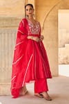 Vinita Bhansali_Red , Organza Embroidery V-neck Pure Anarkali Set _Online_at_Aza_Fashions