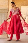 Buy_Vinita Bhansali_Red , Organza Embroidery V-neck Pure Anarkali Set _Online_at_Aza_Fashions