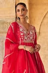 Shop_Vinita Bhansali_Red , Organza Embroidery V-neck Pure Anarkali Set _Online_at_Aza_Fashions