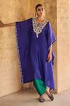 Buy_Vinita Bhansali_Blue Silk Embroidery Round Neck Morni Kaftan Set _at_Aza_Fashions