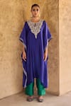 Buy_Vinita Bhansali_Blue Silk Embroidery Round Neck Morni Kaftan Set _Online_at_Aza_Fashions
