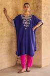 Shop_Vinita Bhansali_Blue Silk Embroidery Round Neck Morni Kaftan Set _Online_at_Aza_Fashions