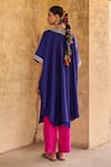 Shop_Vinita Bhansali_Blue Silk Embroidery Split V-neck Gulnaar Kaftan Set _at_Aza_Fashions