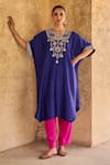 Buy_Vinita Bhansali_Blue Silk Embroidery Split V-neck Gulnaar Kaftan Set _Online_at_Aza_Fashions