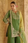 Shop_Vinita Bhansali_Green , Organza Embroidery, Sequins Round Neck Gharara Set _Online_at_Aza_Fashions