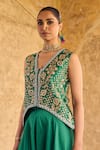 Shop_Vinita Bhansali_Green Silk Embroidery V-neck Vanhi Waist Coat Set _Online_at_Aza_Fashions