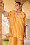 Vinita Bhansali_Yellow Silk Embroidery Round Neck Designer Aabha Co-ord Set _Online_at_Aza_Fashions