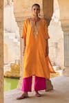Buy_Vinita Bhansali_Orange Silk Embroidery Split V-neck Kesari Kaftan Set _at_Aza_Fashions