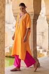 Buy_Vinita Bhansali_Orange Silk Embroidery Split V-neck Kesari Kaftan Set _Online_at_Aza_Fashions