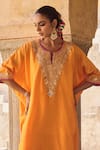 Shop_Vinita Bhansali_Orange Silk Embroidery Split V-neck Kesari Kaftan Set _Online_at_Aza_Fashions