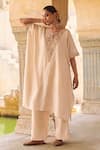 Buy_Vinita Bhansali_Cream Silk Embroidery V-neck Mahira Kaftan Set _at_Aza_Fashions