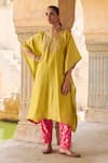 Buy_Vinita Bhansali_Green Silk Embroidery Round Neck Rangreza Kaftan Set _at_Aza_Fashions
