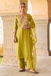 Buy_Vinita Bhansali_Green , Organza Embroidery Split V-neck Designer Kurta Set With Dupatta _at_Aza_Fashions