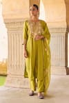 Buy_Vinita Bhansali_Green , Organza Embroidery Split V-neck Designer Kurta Set With Dupatta _Online_at_Aza_Fashions