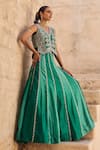 Shop_Vinita Bhansali_Green Silk Sequins, Embroidery V-neck Pankhuri Waist Coat - Lehenga Set _Online_at_Aza_Fashions