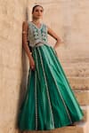 Buy_Vinita Bhansali_Green Silk Sequins, Embroidery V-neck Pankhuri Waist Coat - Lehenga Set 