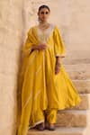 Shop_Vinita Bhansali_Yellow , Organza Embroidery V-neck Noorani Anarkali Set _Online_at_Aza_Fashions