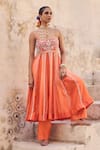 Shop_Vinita Bhansali_Orange , Organza Embroidery Round Neck Saanjh Anarkali Set _Online_at_Aza_Fashions