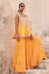 Buy_Vinita Bhansali_Yellow Silk, Crepe Embroidery Square Neck Gharara Set _at_Aza_Fashions