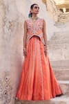 Buy_Vinita Bhansali_Orange Silk Sequins, Embroidery V-neck Saanjh Waistcoat Lehenga Set _at_Aza_Fashions