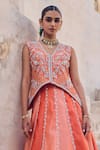 Shop_Vinita Bhansali_Orange Silk Sequins, Embroidery V-neck Saanjh Waistcoat Lehenga Set _Online_at_Aza_Fashions