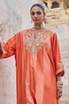 Buy_Vinita Bhansali_Orange , Satin Embroidery Split V-neck Saanjh Kaftan Set _Online_at_Aza_Fashions
