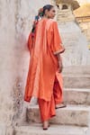 Shop_Vinita Bhansali_Orange , Satin Embroidery Split V-neck Saanjh Kaftan Set _at_Aza_Fashions