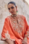 Shop_Vinita Bhansali_Orange , Satin Embroidery Split V-neck Saanjh Kaftan Set _Online_at_Aza_Fashions