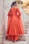 Shop_Vinita Bhansali_Orange , Organza Embroidery Split V-neck Saanjh Kamal Anarkali Set _at_Aza_Fashions