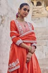 Buy_Vinita Bhansali_Orange , Organza Embroidery Split V-neck Saanjh Kamal Anarkali Set _Online_at_Aza_Fashions