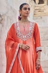Shop_Vinita Bhansali_Orange , Organza Embroidery Split V-neck Saanjh Kamal Anarkali Set _Online_at_Aza_Fashions